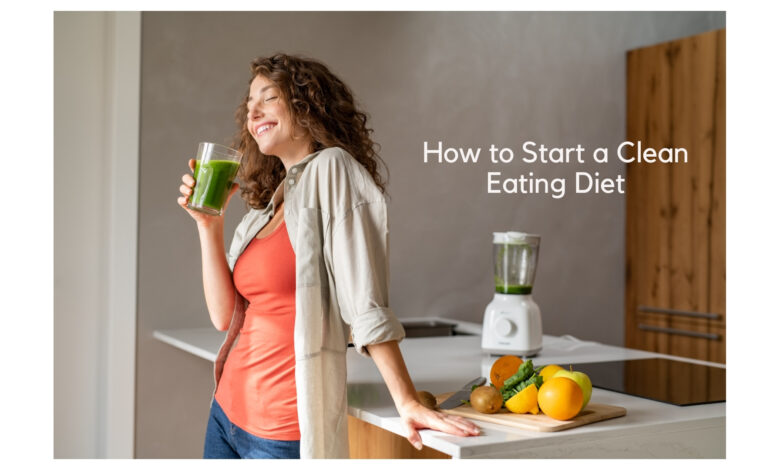 How to Start a Clean Eating Diet Fresh fruits, vegetables, whole grains, and nuts arranged on a wooden table as part of a clean eating diet.