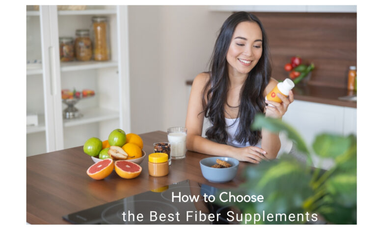 Selection of the best fiber supplements displayed on a table, featuring powders, capsules, and natural sources like fruits and grains.